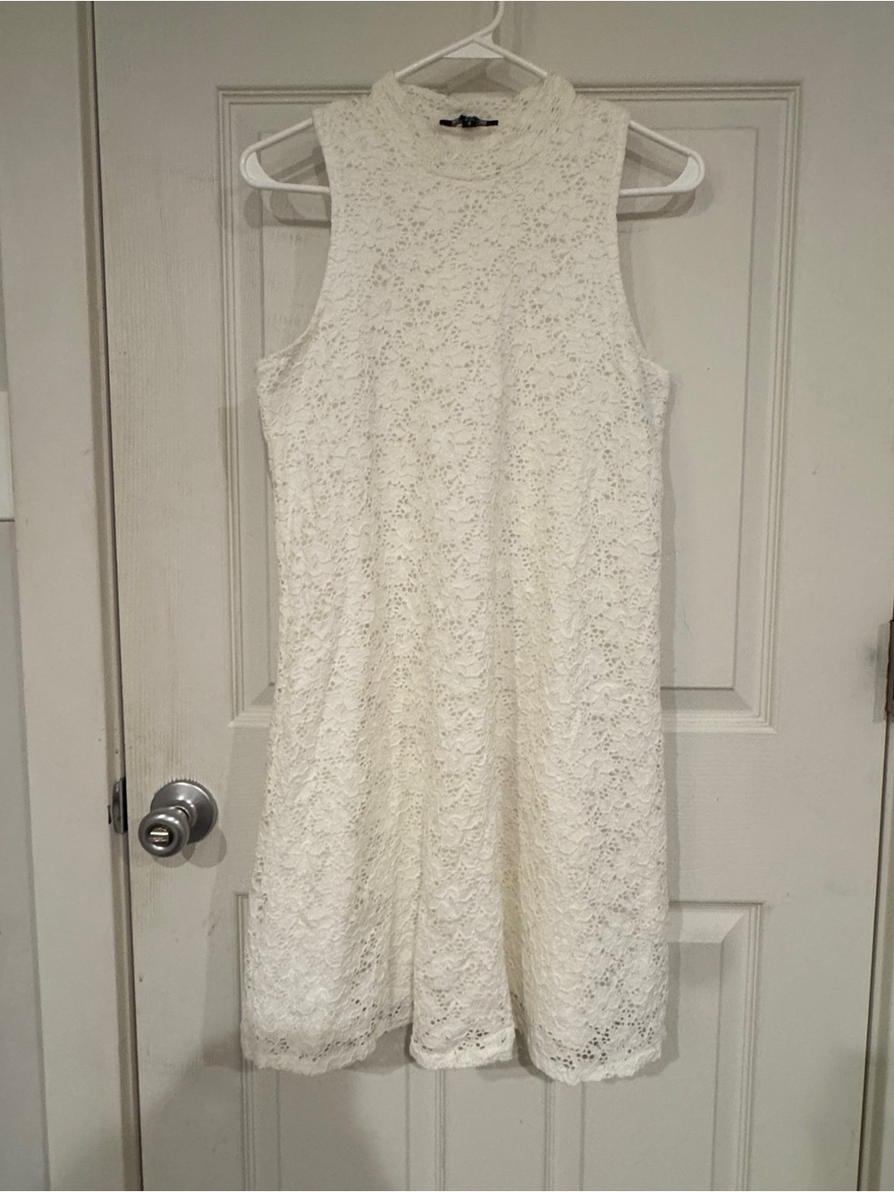 MARINA White Sleeveless Lace Mock Neck Mini Dress